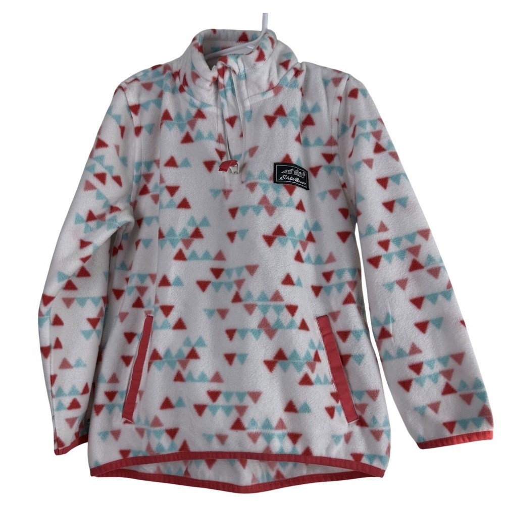 Eddie Bauer Kids S 7/8 White Pink Teal Triangle Fleece 1/4 Zip Pullover